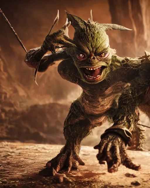 Image similar to highly detailed portrait of a movie gremlin, attacking a human warrior. depth of field, breathtaking, detailed and intricate environment, 8 k resolution, hyperrealistic, octane render