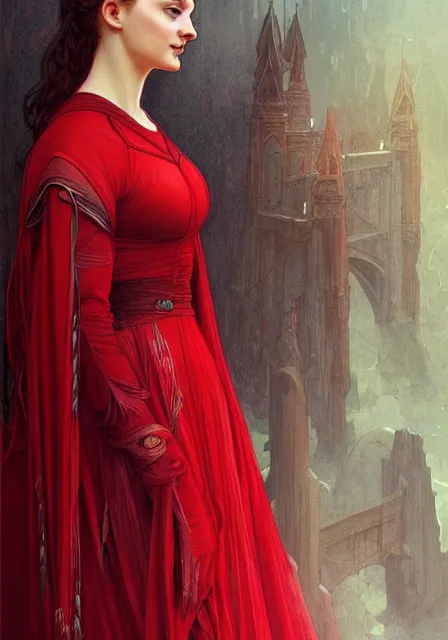 Image similar to portrait of sansa stark in red, intricate, elegant, highly detailed, digital painting, artstation, concept art, smooth, sharp focus, illustration, art by artgerm and greg rutkowski and alphonse mucha and william - adolphe bouguereau