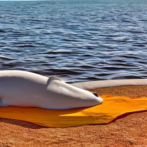 Image similar to a cute beluga on a beach, sun bathing, golden hour, vivid color, hyper realistic photograph