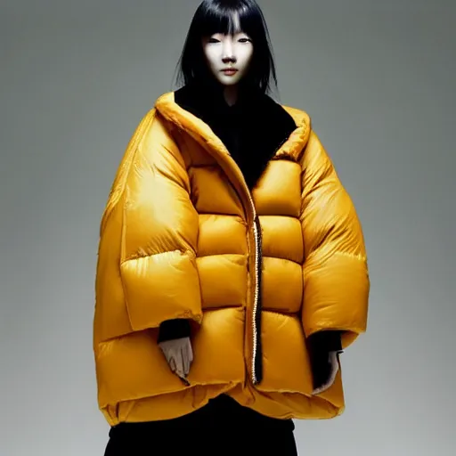 Image similar to extremely beautiful photograph of a young pretty korean woman wearing huge oversized very baggy large puffer jacket in the style of vetements, well lit, studio lighting, glossy, vogue, very realistic and beautiful fashion photography, moncler genius, balenciaga, yeezy, kanye west, balenciaga, vetements