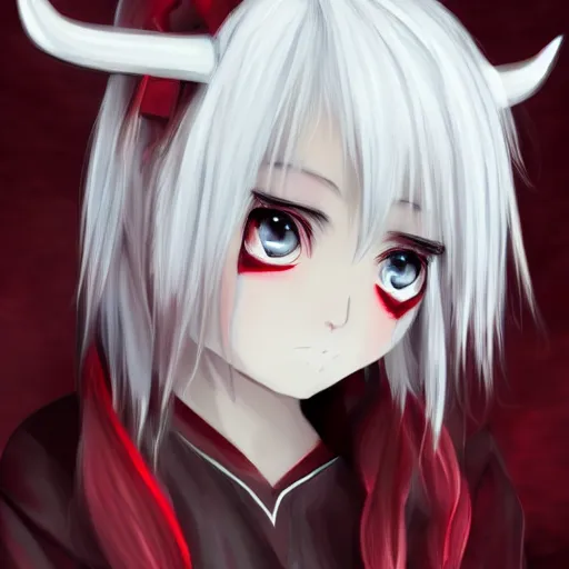 Prompt: white hair, red eyes, two small horn on the head, anime style, anime girl, demon horns on head