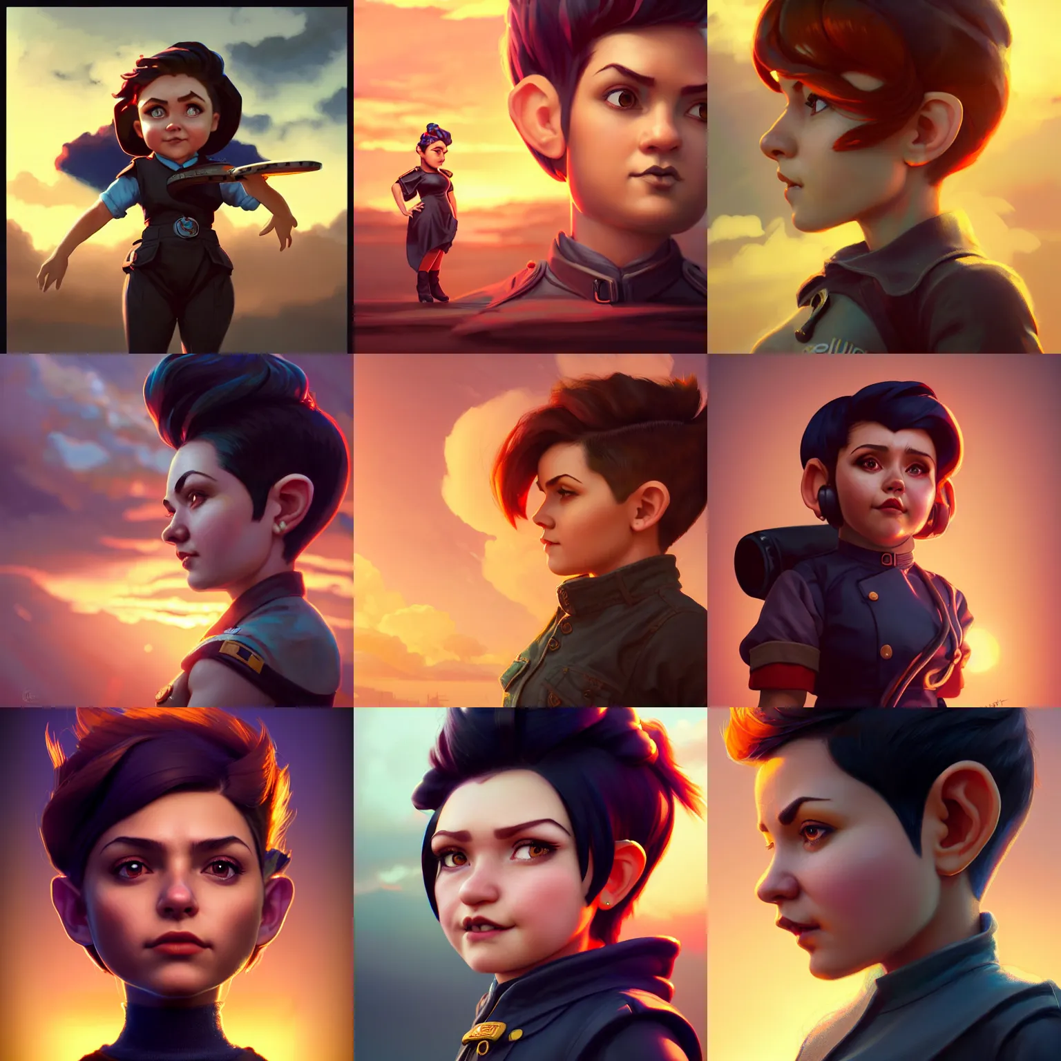 Prompt: a Photorealistic dramatic hyperrealistic gnome woman engineer, pixie undercut short black hair, naval background, by WLOP,Artgerm,Greg Rutkowski,Alphonse Mucha, Beautiful dynamic dramatic bright sunset lighting,shadows,cinematic atmosphere,Artstation,concept design art,Octane render,8k