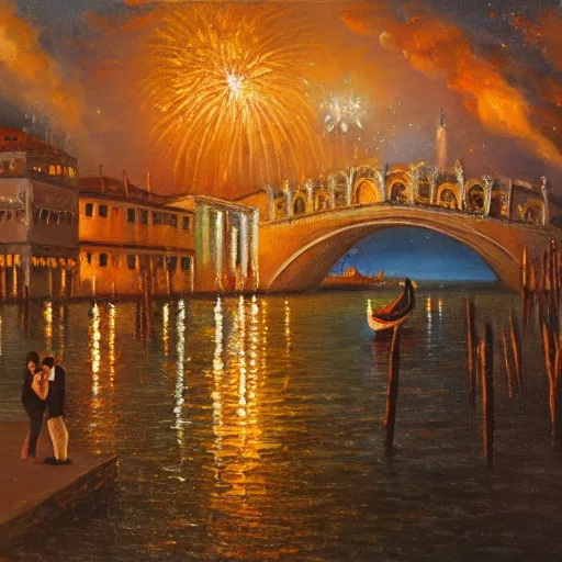 Image similar to an oil painting of couple kissing, in a background fireworks in venice