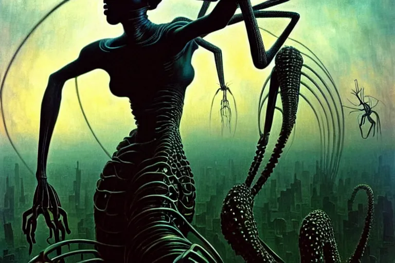 Image similar to realistic detailed portrait movie shot of a beautiful black woman riding a giant spider, dystopian city landscape background by denis villeneuve, amano, yves tanguy, alphonse mucha, max ernst, ernst haeckel, kehinde wiley, caravaggio, jean delville, david lynch, roger dean, cyber necklace, rich moody colours, sci fi patterns, dramatic, wide angle