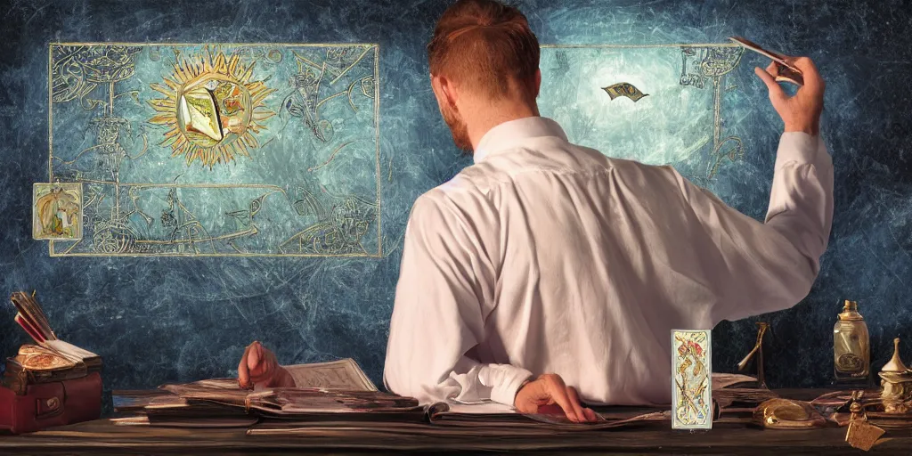 Image similar to back shot of male accountant examining the mysteries of tarot cards on a magical blackboard, fantasy art, matte painting, high quality, digital painting, artwork by terryl whitlatch