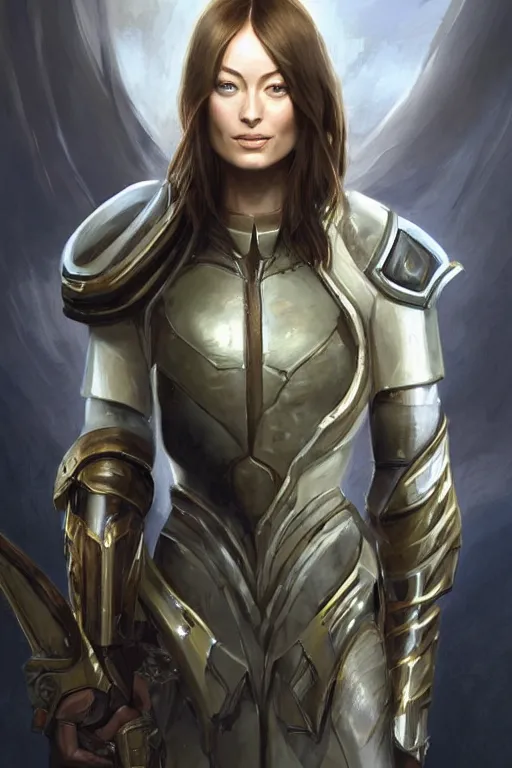 Image similar to a professional painting of a young Olivia Wilde, clothes in military armor, olive skin, long dark hair, beautiful bone structure, symmetrical facial features, intricate, elegant, digital painting, concept art, smooth, sharp focus, illustration, from StarCraft by Ruan Jia and Mandy Jurgens and Artgerm and William-Adolphe Bouguerea