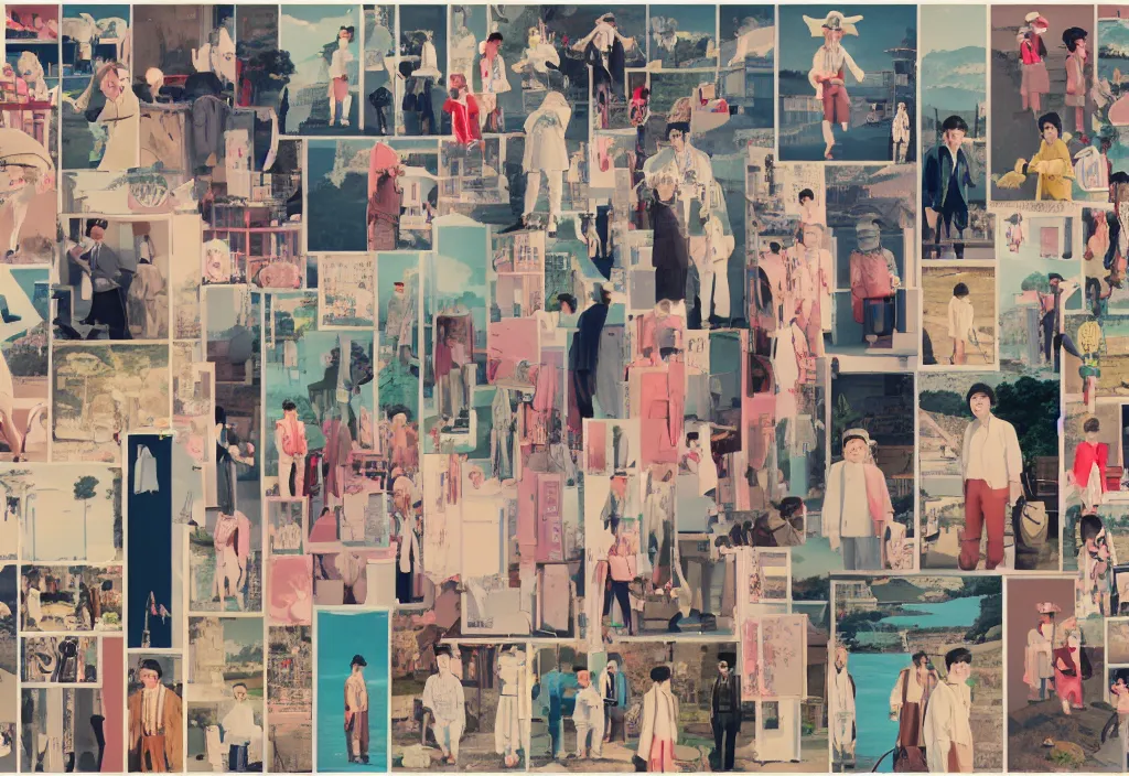 Image similar to full frame a single image, wide shots, closeups, full body portraits, a row of a several european tourists standing with a variety of poses and props, several character designs, rural japan, a collage painting, in the style of wes anderson, lola dupre, david hockney, isolated on negative white space background dark monochrome neon spraypaint accents volumetric octane render