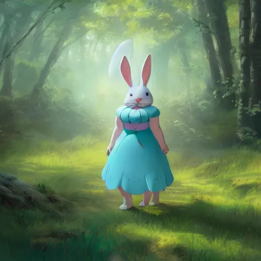 Image similar to concept art painting of a chubby white rabbit wearing a turquoise dress, in the deep forest, realistic, detailed, cel shaded, in the style of makoto shinkai and greg rutkowski and james gurney