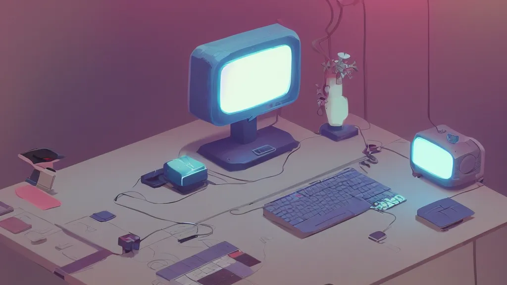 Image similar to stylized minimalist retro computer, loftis, cory behance hd, by moebius, makoto shinkai and lois van baarle, ilya kuvshinov, rossdraws global illumination