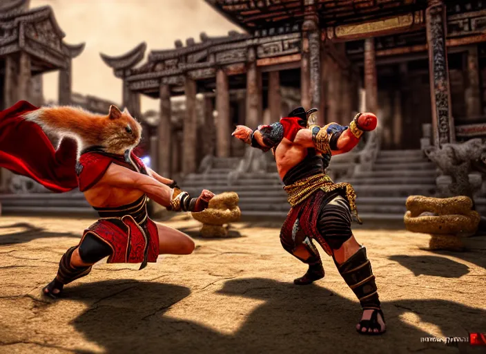 Image similar to hamster dressed as shao khan fights a cat dressed as kung lao in mortal kombat on the background of an ancient temple. fantasy magic style. highly detailed 8 k. intricate. lifelike. soft light. sony a 7 r iv 5 5 mm. unreal engine with nanite and path tracing