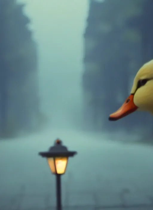 Prompt: close - up of a lonely duck under a street light, fog, still from a movie by bong joon - ho