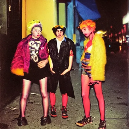 Image similar to night color flash portrait photography of punks on the lower east side by diane arbus, colorful!!, nighttime!, raining!