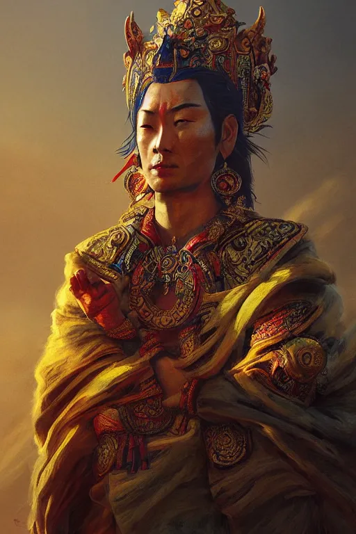 Prompt: Tibetan god, portrait, powerfull, intricate, elegant, volumetric lighting, scenery, digital painting, highly detailed, artstation, sharp focus, illustration, concept art, ruan jia, steve mccurry