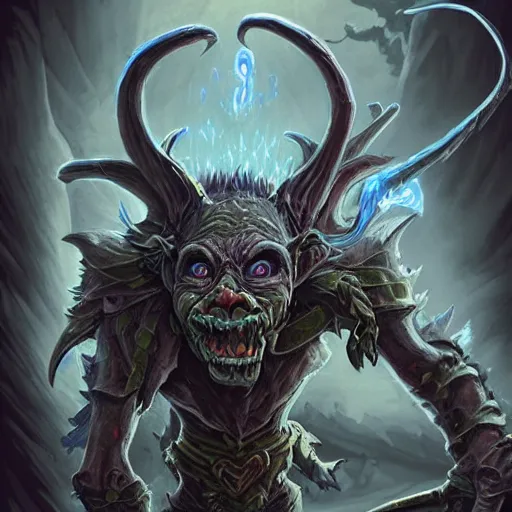 Prompt: a highly detailed goblin with grey skin and blue eyes that glow, in a dust storm, like magic the gathering, goblin chainwalker,, digital art, by christopher rush