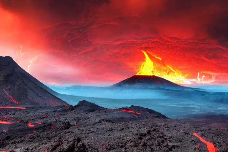 Prompt: a detailed volcanic landscape , violent clouds in the sky with glowing red eyes in the sky