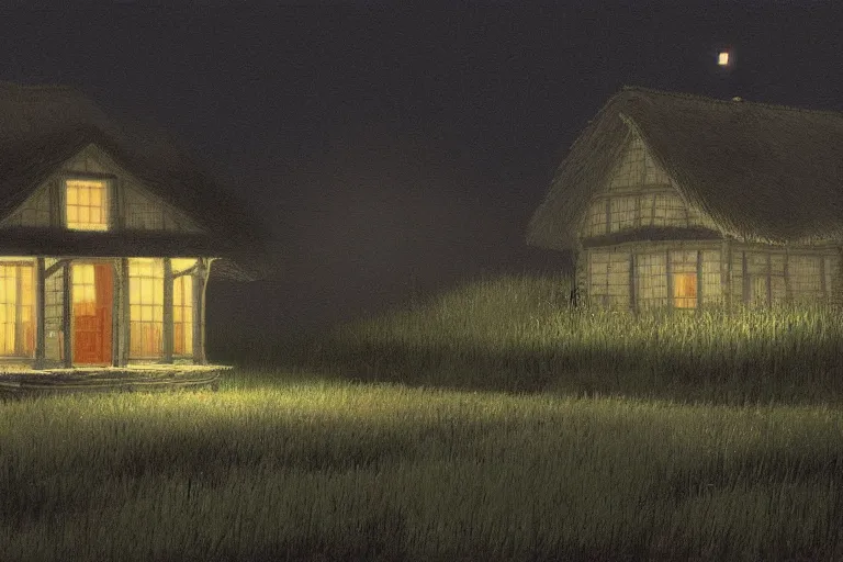 Image similar to a cinematic hyperrealism highly detailed photograph of a small cottage in a dark black night on a wide prairie, by issac levitan and studio ghibli, deviantart