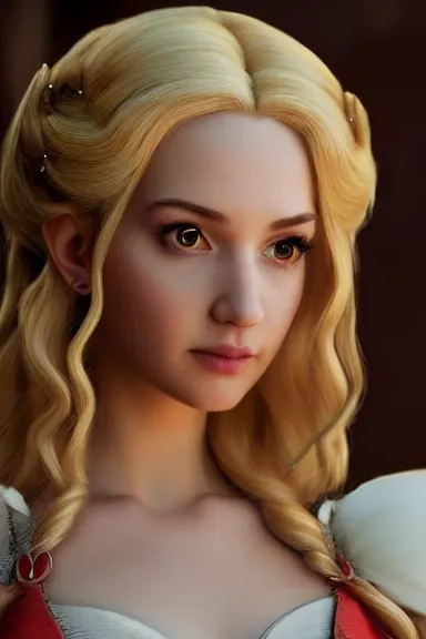 Image similar to very very intricate photorealistic photo of a realistic human version of princess peach in an episode of game of thrones, photo is in focus with detailed atmospheric lighting, award - winning details