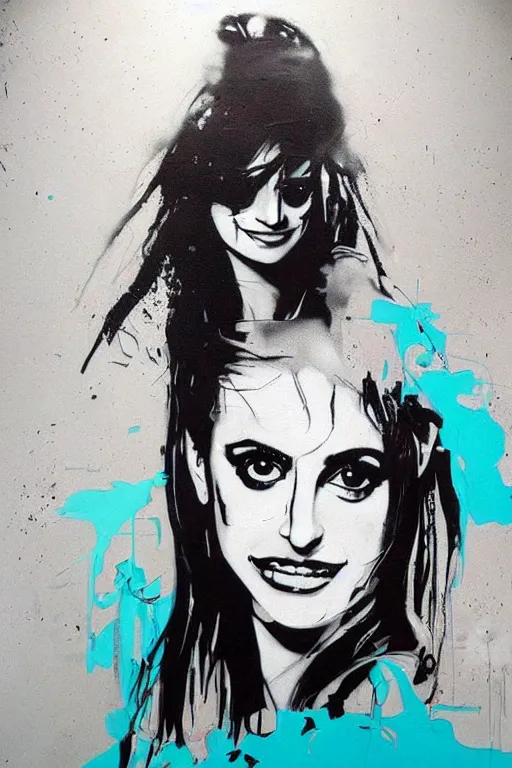 Image similar to graffiti, splash painting, portrait of penelope cruz, artwork by bansky
