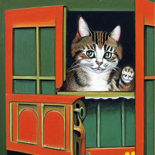 Image similar to painting of a cat poking half way out of a dumpster by louis wain