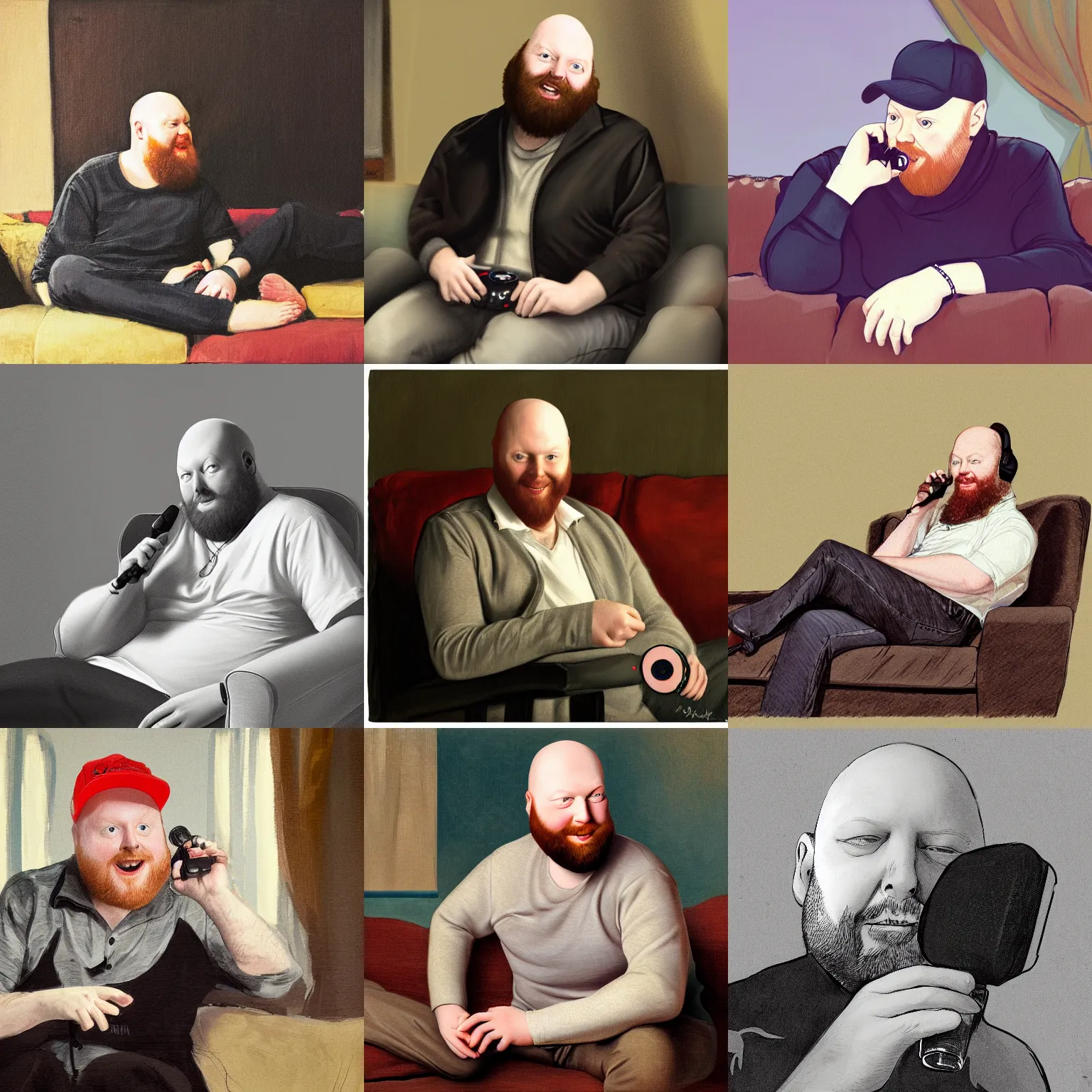 Prompt: playful portrait of angriestpat sitting on a couch, talking into a podcast mic by joseph ducreux