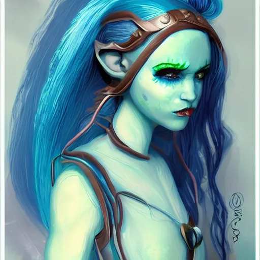 Image similar to Elf girl with blue skin, alien skin, blue elf, blue, blue-skinned elf, green hair, glam hair, hairspray, big hair, wild hair, 80s hair, glam make-up, 80s, illustration, fantasy art, trending on ArtStation, 1980s fantasy art