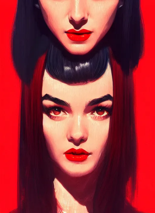 Image similar to portrait of veronica lodge with bangs, 1 9 6 0 s, long hair, red clothes, bangs, intricate, elegant, glowing lights, highly detailed, digital painting, artstation, concept art, smooth, sharp focus, illustration, art by wlop, mars ravelo and greg rutkowski