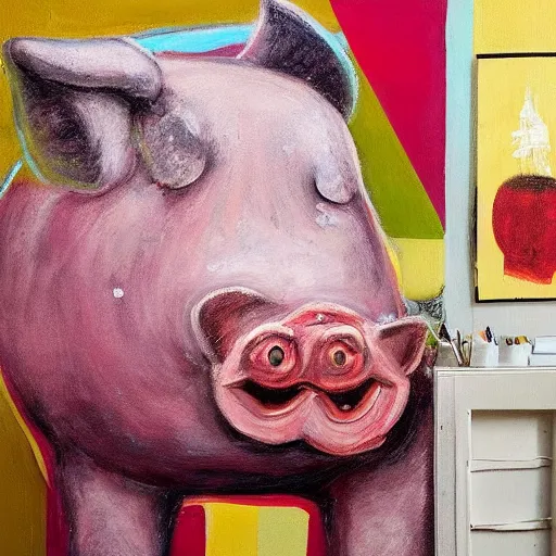 Prompt: “a portrait in an art student’s apartment, a giant weedy pig, skyscraper, pork, central pork, white wax, squashed berries, acrylic and spray paint and oilstick on canvas, surrealism, neoexpressionism”