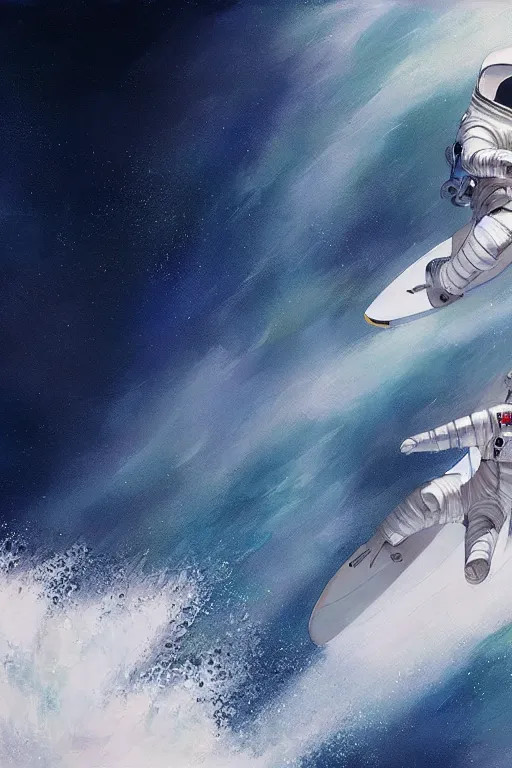 Image similar to a beautiful digital painting of an astronaut in a white space suit surfing the great wave on a surfboard by greg rutkowski, photorealistic, trending on artstation, octane render