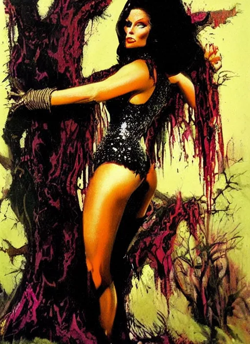 Image similar to seventies horror actress, sequin top, dark night, strong line, deep color, beautiful! coherent! by brom, by frank frazetta,