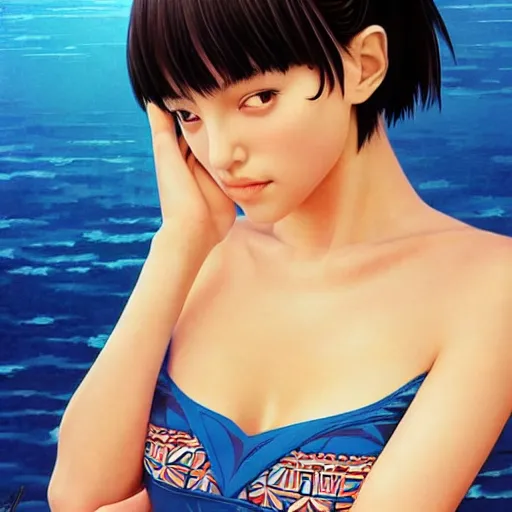 Prompt: a beautiful young japanese natalie portman alluring gravure model, wearing elegant designer tank top, elegant tank top with mesoamerican patterns, by akira toriyama and wlop and ilya kuvshinov and artgerm and, aesthetic, gorgeous, stunning, alluring, attractive, artstation, deviantart, pinterest, digital art