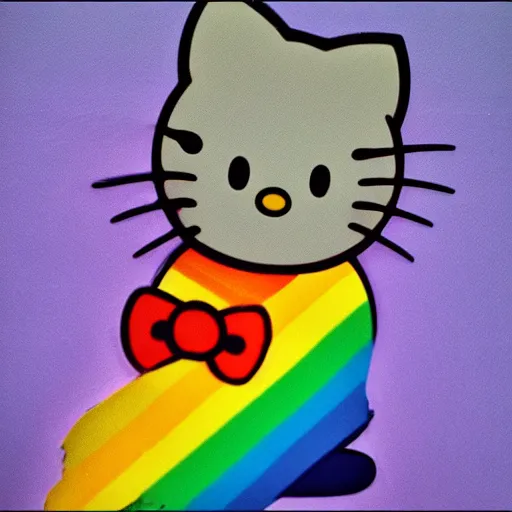 Image similar to Hello kitty standing on a rainbow,