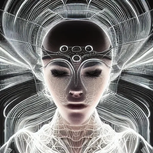 Prompt: woman integrating with technology, full face under a Full Moon, detailed intricate ornate cables connected to head, luscious thick hair, big open electric eyes, luxurious detailed abundent wiring and implants, sci-fi, neon, 8k ultra realistic night time photography of a mystical cosmic night, highly detailed, Rene Lalique and Eddie Mendoza