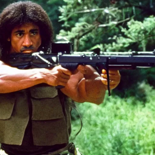 Prompt: A still of Obama as Rambo in Rambo First Blood (1982)