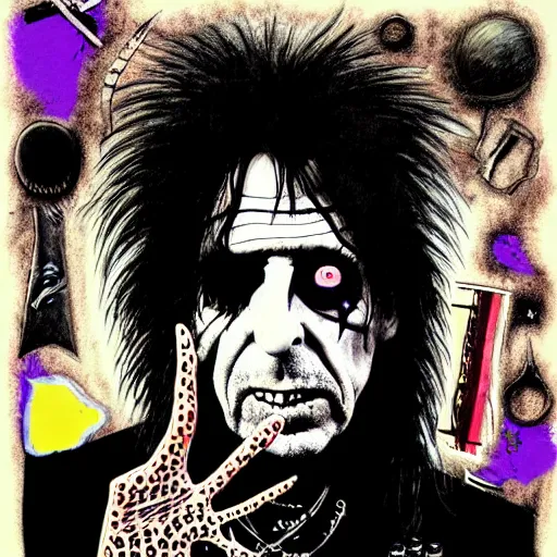 Image similar to graphic illustration, creative design, alice cooper, biopunk, francis bacon, highly detailed, hunter s thompson, mixed media