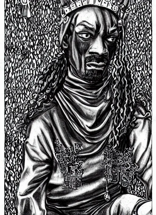 Image similar to Snoop Dogg as a knight, highly detailed, black and white, manga, art by Kentaro Miura