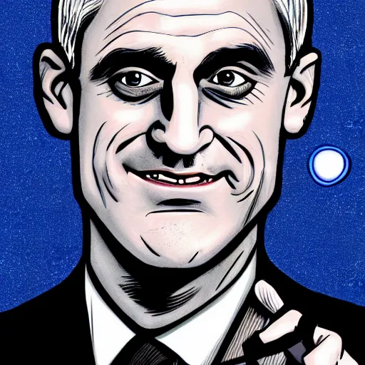 Prompt: digital illustration of secretary of denis mcdonough face with glowing eyes, cover art of graphic novel, eyes replaced by glowing lights, glowing eyes, flashing eyes, balls of light for eyes, evil laugh, menacing, Machiavellian puppetmaster, villain, clean lines, clean ink