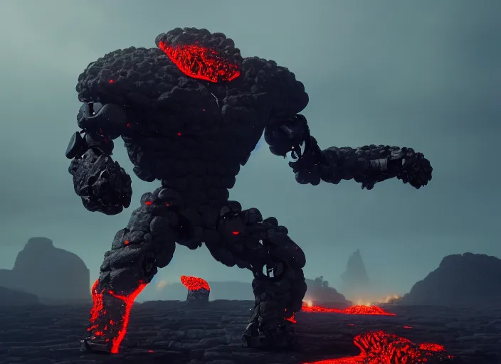 Image similar to epicly designed very muscular stone obsidian robot with human body fighting a deadly beast made from lava with background by greg rutkowski, trending on artstation