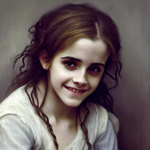 Image similar to Painting of Emma Watson as Hermione Granger. Young. Smiling. Happy. Cheerful. Prisoner of Azkaban. Art by william adolphe bouguereau. Extremely detailed. Beautiful. 4K. Award winning.