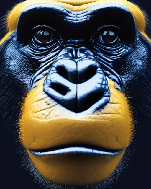 Image similar to gold, blue, head to shoulders illustration of a chimpanzee, 3 d, 8 k, extremely detailed, artstation