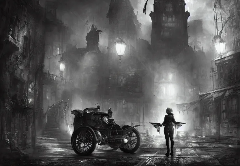 Prompt: painting of the figure a female investigator in a lovecraftian arkham city scenery, 1 9 2 0 cars, high contrast, concept art, dramatic lighting, digital art, 8 k, arkham city, call of cthulhu, extremely detailed, drawn by ruan jia