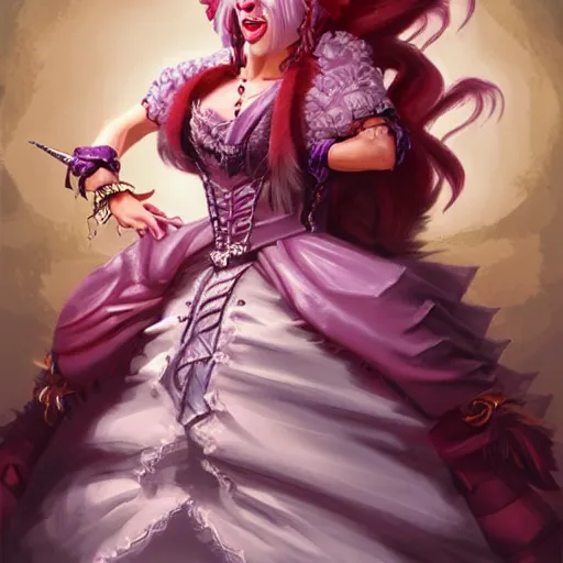 Prompt: d&d character artwork of an orc drag queen who is wearing a very girly prissy frilly rococo ballgown outfit and a huge rococo updo pouf wig, drag, girly, fabulous, D&D, fantasy artwork, highly detailed, digital painting, artstation, smooth, sharp focus, illustration, art by artgerm and greg rutkowski and alphonse mucha