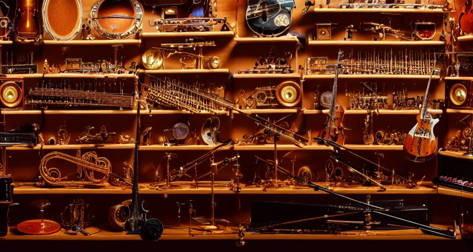 Image similar to a shelf of amazing magical musical instruments, cinematic lighting, detailed, beautiful colors, ornate, by greg rutowski and wlop 4 k