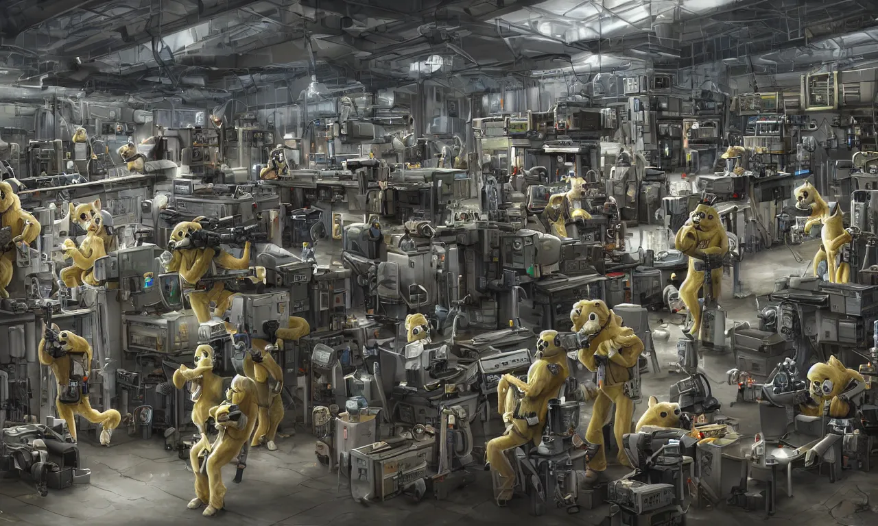 Prompt: epic scenic shot, highly detailed weapons laboratory, clean and organized, quantum technology, bright lights, warehouse, with a couple anthropomorphic furry researchers in military uniforms and hazmat suits, carrying guns, firing range, tables, parts, gun scraps, windows, sci fi, Extremely detailed digital art, furry art, furaffinity, DeviantArt, HD artstation