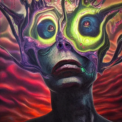 Image similar to Sleep Paralysis Demon, luminous, cracked oil painting, surrealism, conjuring psychedelic background, hypermaximalist, photo realistic