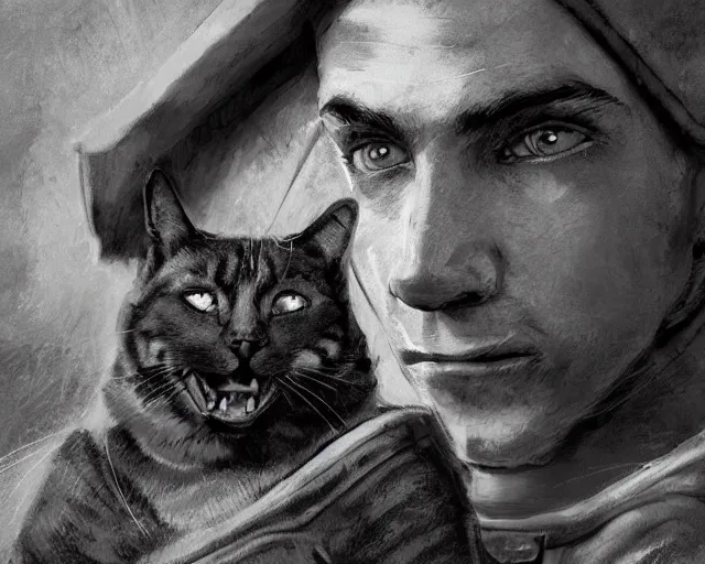 Image similar to A soldier talking to a cat in world war 1, close-up, realistic face, beautiful face detail, mature facial features, black and white, amazing digital art, hyper detailed, artstation, in the style of Tony Sart