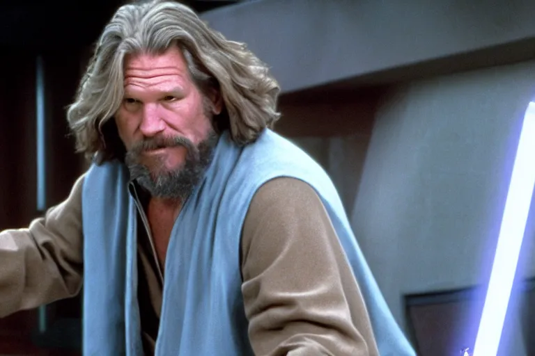 Prompt: Jeff Bridges from The Big Lebowski as a Jedi bowling in Star Wars