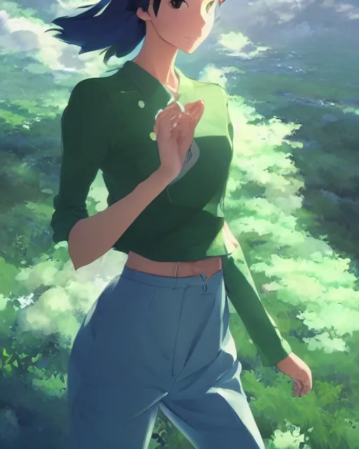 Image similar to a girl wearing a blue and green outfit that looks like earth, full shot, atmospheric lighting, detailed face, by makoto shinkai, stanley artgerm lau, wlop, rossdraws