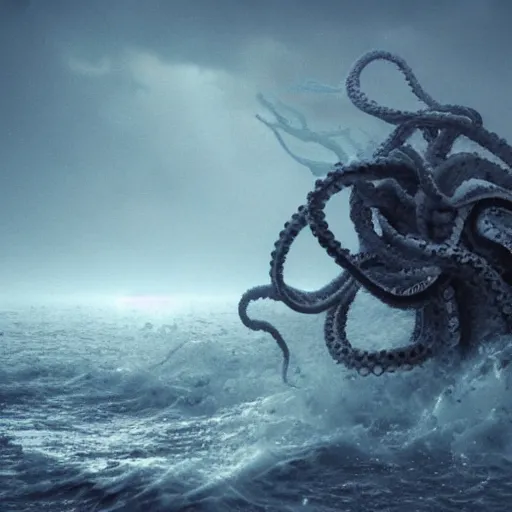Prompt: kraken in a sea storm of a twisted mind, hyper realistic, octane render, 5 0 mm