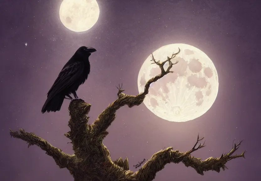 Image similar to crow on tree in front of the full big moon, highly detailed, digital painting, artstation, concept art, smooth, sharp focus, illustration, Unreal Engine 5, 8K, art by artgerm and greg rutkowski and alphonse mucha