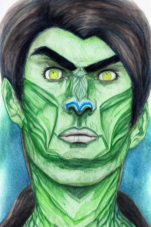 Prompt: green man with prominent cheekbones, deep dimples, and strong jawline. blue eyes, green skin, black hair with white streaks. fantasy portrait illustration, watercolor and colored pencils.